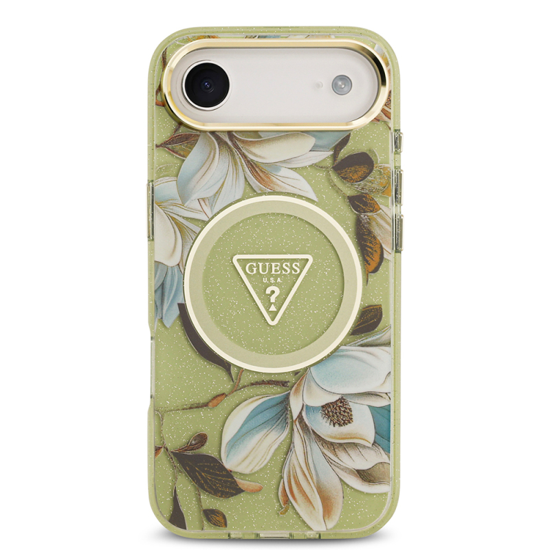 Apple iPhone 17 Air Case Guess Original Licensed M-safe Charging Feature Glittery Flower Patterned Metal Camera Frame Triangle Logo Cover - 19