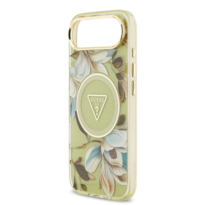 Apple iPhone 17 Air Case Guess Original Licensed M-safe Charging Feature Glittery Flower Patterned Metal Camera Frame Triangle Logo Cover - 22