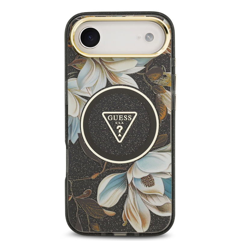 Apple iPhone 17 Air Case Guess Original Licensed M-safe Charging Feature Glittery Flower Patterned Metal Camera Frame Triangle Logo Cover - 25