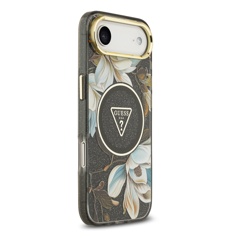 Apple iPhone 17 Air Case Guess Original Licensed M-safe Charging Feature Glittery Flower Patterned Metal Camera Frame Triangle Logo Cover - 26
