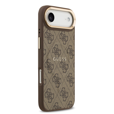 Apple iPhone 17 Air Case Guess Original Licensed M-safe Charging Feature Gold Metal Camera Frame PU Leather 4G Patterned Text Logo Cover - 5