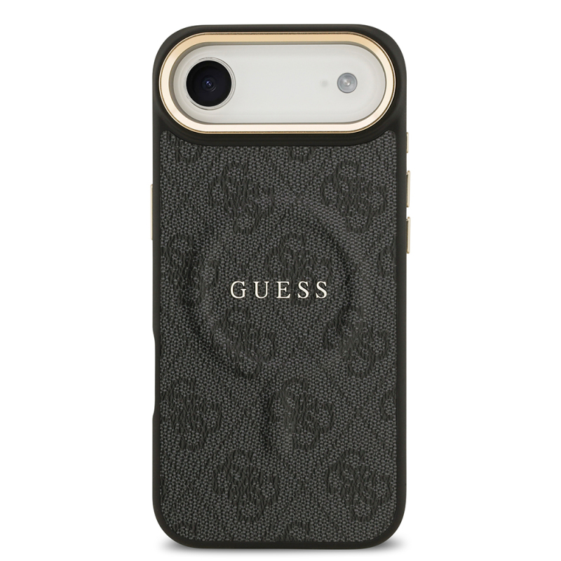 Apple iPhone 17 Air Case Guess Original Licensed M-safe Charging Feature Gold Metal Camera Frame PU Leather 4G Patterned Text Logo Cover - 12