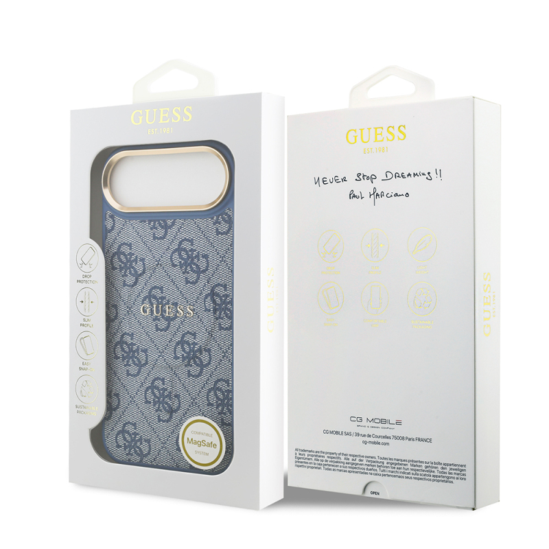 Apple iPhone 17 Air Case Guess Original Licensed M-safe Charging Feature Gold Metal Camera Frame PU Leather 4G Patterned Text Logo Cover - 33