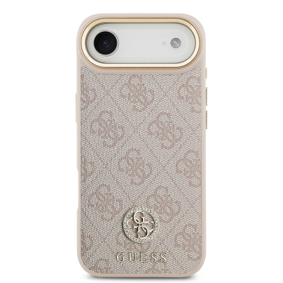 Apple iPhone 17 Air Case Guess Original Licensed M-safe Charging Feature Gold Metal Camera Frame Stone 4G Logo Cover - 20
