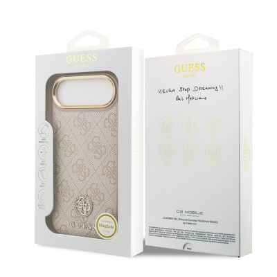 Apple iPhone 17 Air Case Guess Original Licensed M-safe Charging Feature Gold Metal Camera Frame Stone 4G Logo Cover - 25