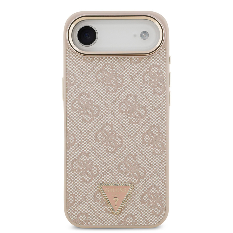 Apple iPhone 17 Air Case Guess Original Licensed M-safe Charging Feature Gold Metal Camera Frame Stone Triangle Logo 4G Patterned Cover - 20