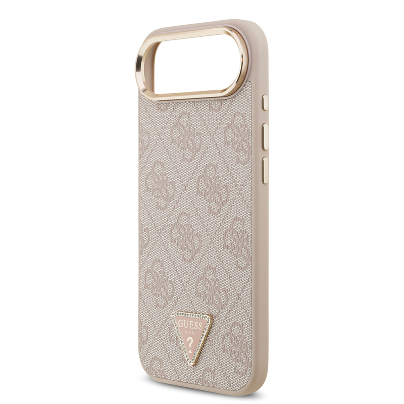 Apple iPhone 17 Air Case Guess Original Licensed M-safe Charging Feature Gold Metal Camera Frame Stone Triangle Logo 4G Patterned Cover - 23