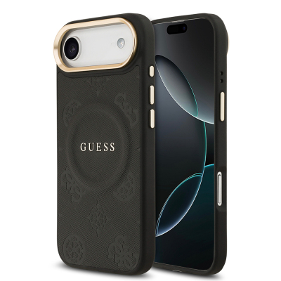 Apple iPhone 17 Air Case Guess Original Licensed M-safe Charging Feature Hot Printed Text Logo PU Leather Peony Cover - 4