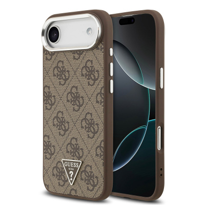 Apple iPhone 17 Air Case Guess Original Licensed M-safe Charging Feature Silver Metal Camera Frame Triangle Logo 4G Patterned Cover - 3