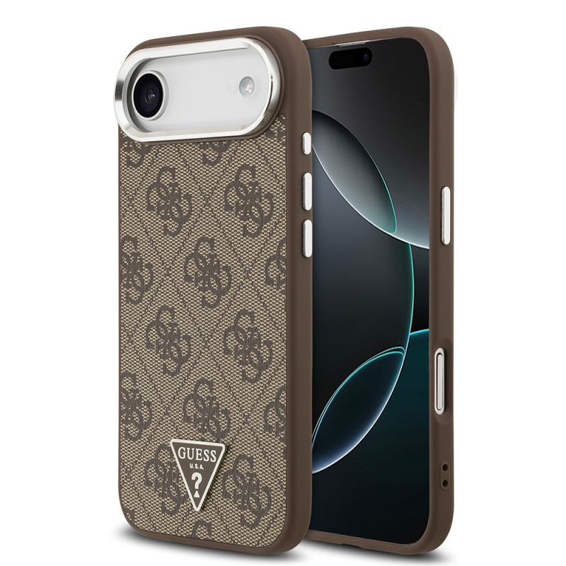 Apple iPhone 17 Air Case Guess Original Licensed M-safe Charging Feature Silver Metal Camera Frame Triangle Logo 4G Patterned Cover - 3