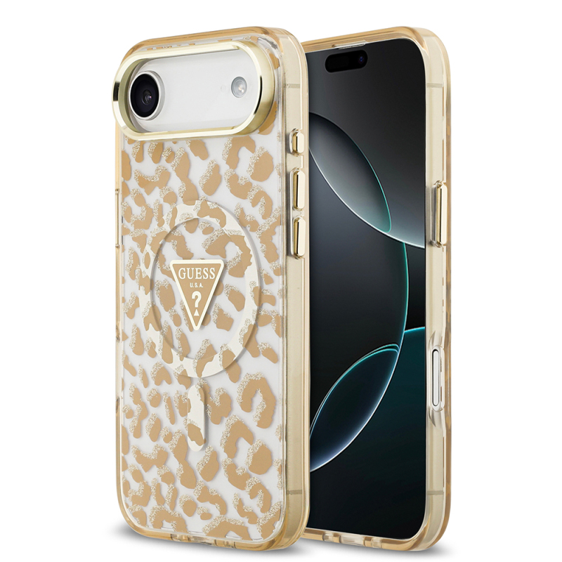Apple iPhone 17 Air Case Guess Original Licensed M-Safe Charging Feature Triangle Logo Glitter Leopard Pattern Cover - 1