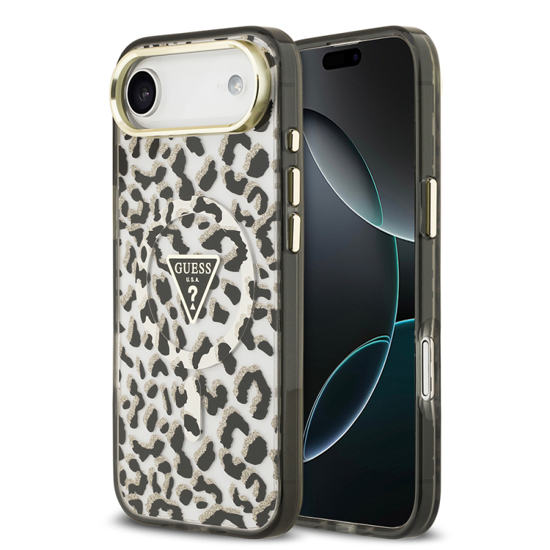 Apple iPhone 17 Air Case Guess Original Licensed M-Safe Charging Feature Triangle Logo Glitter Leopard Pattern Cover - 3