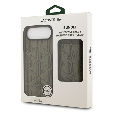 Apple iPhone 17 Air Case Lacoste Original Licensed M-Safe Charging Feature PU Leather Design Card Holder Mixed Monogram Pattern Cover - 22