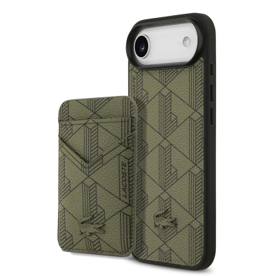 Apple iPhone 17 Air Case Lacoste Original Licensed M-Safe Charging Feature PU Leather Design Card Holder Mixed Monogram Pattern Cover - 1