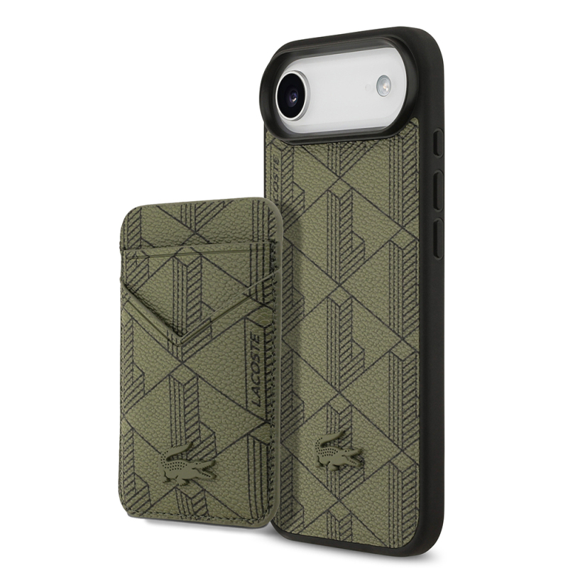 Apple iPhone 17 Air Case Lacoste Original Licensed M-Safe Charging Feature PU Leather Design Card Holder Mixed Monogram Pattern Cover - 1
