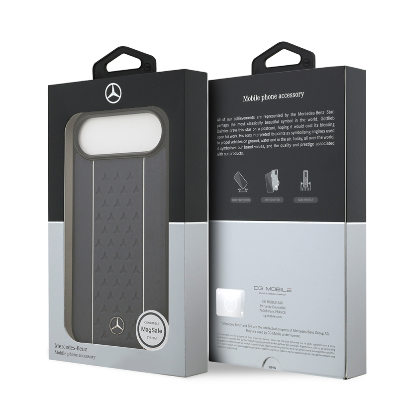 Apple iPhone 17 Air Case Mercedes Benz Original Licensed M-Safe Charging Feature Striped Star Patterned Metal Logo Leather Cover - 17