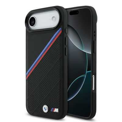 Apple iPhone 17 Air Kılıf BMW Orjinal Lisanslı M-safe Şarj Özellikli M Logolu Üç Şeritli Delikli Deri Kapak - 2