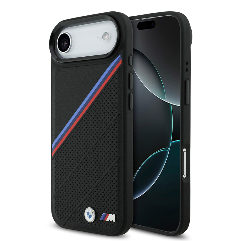 Apple iPhone 17 Air Kılıf BMW Orjinal Lisanslı M-safe Şarj Özellikli M Logolu Üç Şeritli Delikli Deri Kapak - 2