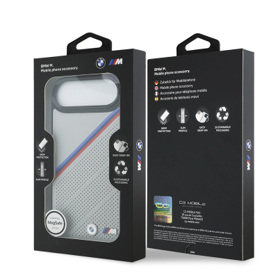 Apple iPhone 17 Air Kılıf BMW Orjinal Lisanslı M-safe Şarj Özellikli M Logolu Üç Şeritli Delikli Deri Kapak - 17