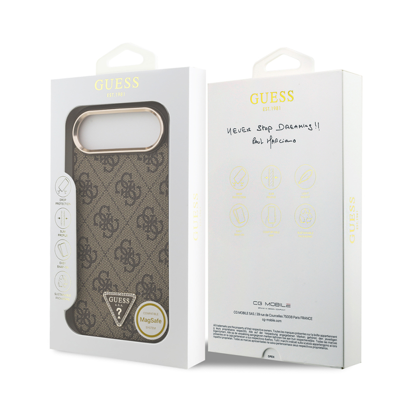 Apple iPhone 17 Air Kılıf Guess Orjinal Lisanslı Gold Metal Kamera Çerçeveli Taşlı Üçgen Logo 4G Desenli Kapak - 17