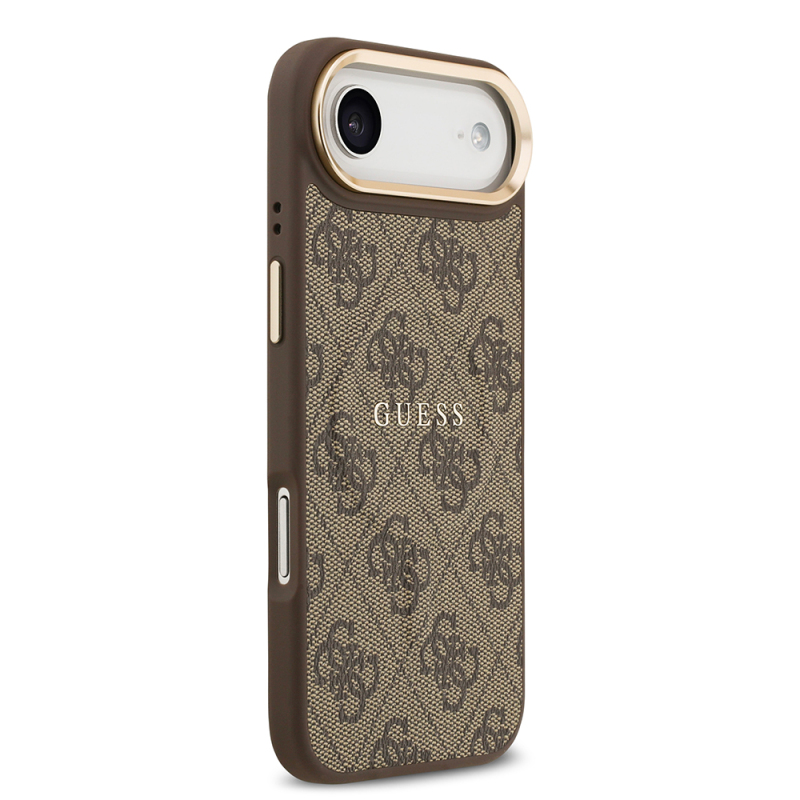 Apple iPhone 17 Air Kılıf Guess Orjinal Lisanslı M-safe Şarj Özellikli Gold Metal Kamera Çerçeveli PU Deri 4G Desenli Yazı Logolu Kapak - 5