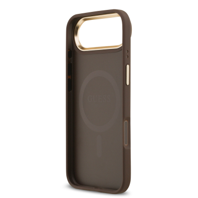 Apple iPhone 17 Air Kılıf Guess Orjinal Lisanslı M-safe Şarj Özellikli Gold Metal Kamera Çerçeveli PU Deri 4G Desenli Yazı Logolu Kapak - 8