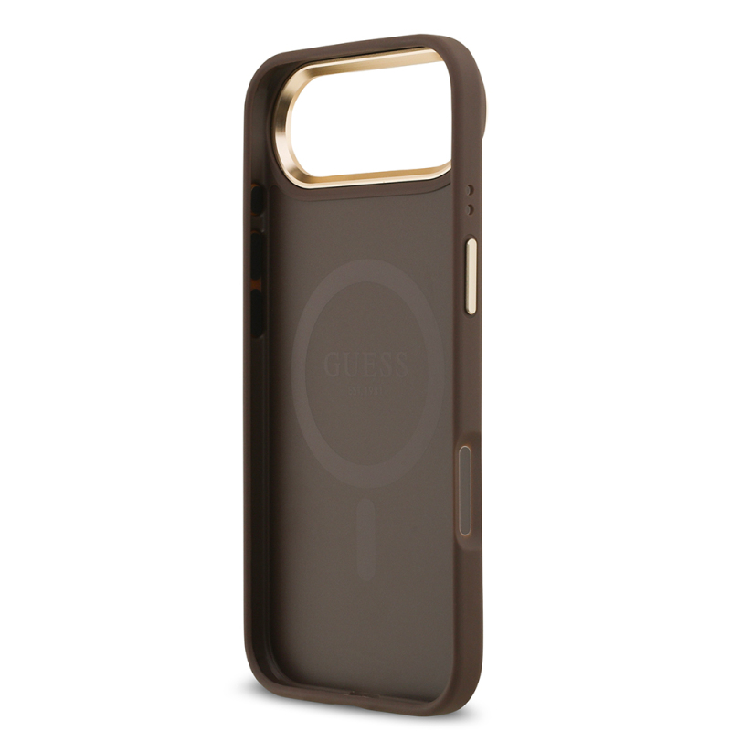 Apple iPhone 17 Air Kılıf Guess Orjinal Lisanslı M-safe Şarj Özellikli Gold Metal Kamera Çerçeveli PU Deri 4G Desenli Yazı Logolu Kapak - 8