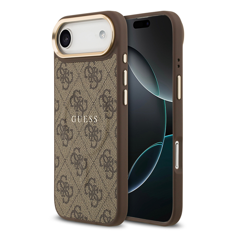 Apple iPhone 17 Air Kılıf Guess Orjinal Lisanslı M-safe Şarj Özellikli Gold Metal Kamera Çerçeveli PU Deri 4G Desenli Yazı Logolu Kapak - 1