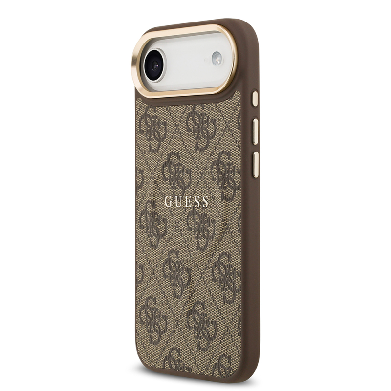 Apple iPhone 17 Air Kılıf Guess Orjinal Lisanslı M-safe Şarj Özellikli Gold Metal Kamera Çerçeveli PU Deri 4G Desenli Yazı Logolu Kapak - 9