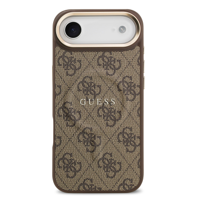 Apple iPhone 17 Air Kılıf Guess Orjinal Lisanslı M-safe Şarj Özellikli Gold Metal Kamera Çerçeveli PU Deri 4G Desenli Yazı Logolu Kapak - 10