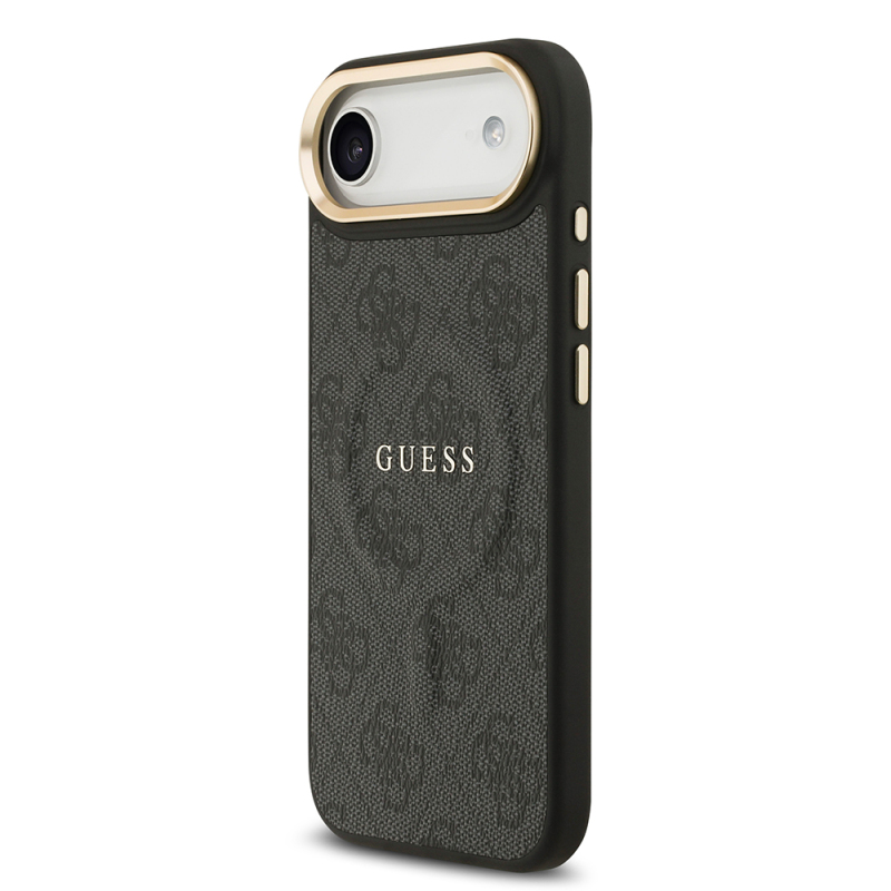 Apple iPhone 17 Air Kılıf Guess Orjinal Lisanslı M-safe Şarj Özellikli Gold Metal Kamera Çerçeveli PU Deri 4G Desenli Yazı Logolu Kapak - 11