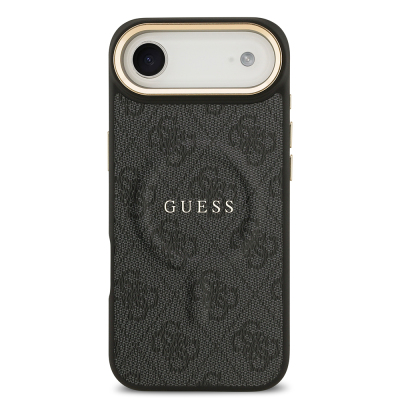 Apple iPhone 17 Air Kılıf Guess Orjinal Lisanslı M-safe Şarj Özellikli Gold Metal Kamera Çerçeveli PU Deri 4G Desenli Yazı Logolu Kapak - 12