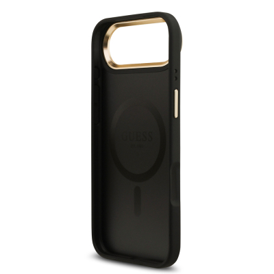 Apple iPhone 17 Air Kılıf Guess Orjinal Lisanslı M-safe Şarj Özellikli Gold Metal Kamera Çerçeveli PU Deri 4G Desenli Yazı Logolu Kapak - 16