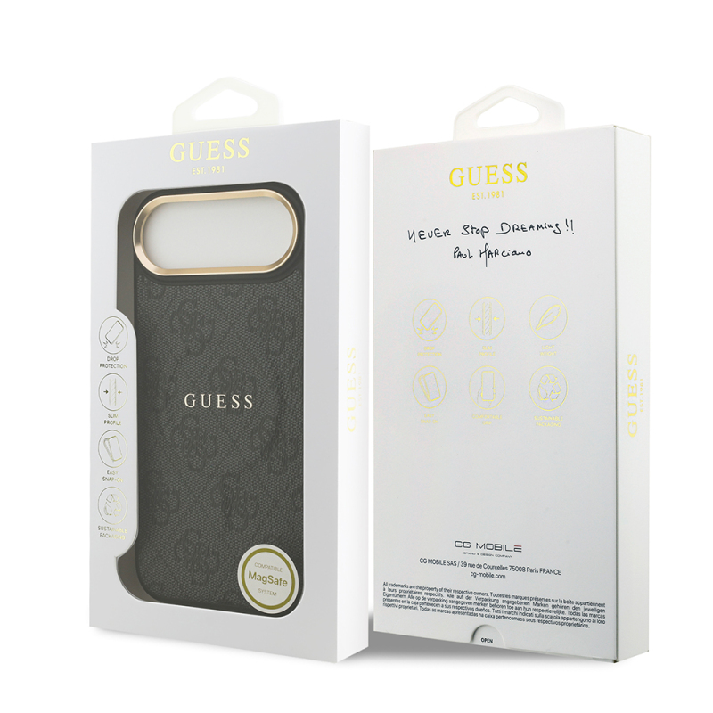 Apple iPhone 17 Air Kılıf Guess Orjinal Lisanslı M-safe Şarj Özellikli Gold Metal Kamera Çerçeveli PU Deri 4G Desenli Yazı Logolu Kapak - 24