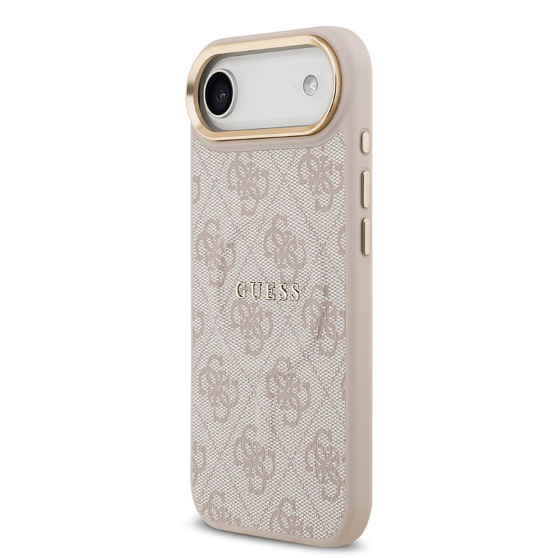 Apple iPhone 17 Air Kılıf Guess Orjinal Lisanslı M-safe Şarj Özellikli Gold Metal Kamera Çerçeveli PU Deri 4G Desenli Yazı Logolu Kapak - 17