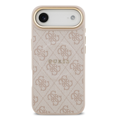 Apple iPhone 17 Air Kılıf Guess Orjinal Lisanslı M-safe Şarj Özellikli Gold Metal Kamera Çerçeveli PU Deri 4G Desenli Yazı Logolu Kapak - 18