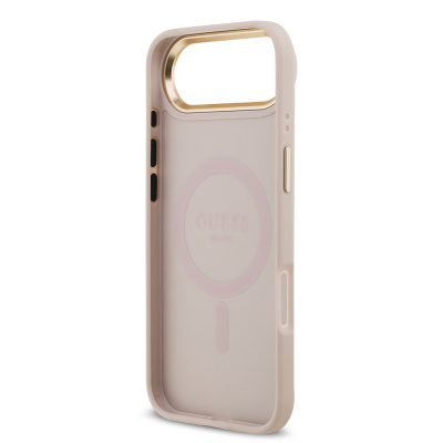 Apple iPhone 17 Air Kılıf Guess Orjinal Lisanslı M-safe Şarj Özellikli Gold Metal Kamera Çerçeveli PU Deri 4G Desenli Yazı Logolu Kapak - 22