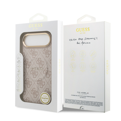 Apple iPhone 17 Air Kılıf Guess Orjinal Lisanslı M-safe Şarj Özellikli Gold Metal Kamera Çerçeveli PU Deri 4G Desenli Yazı Logolu Kapak - 25