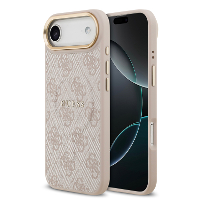 Apple iPhone 17 Air Kılıf Guess Orjinal Lisanslı M-safe Şarj Özellikli Gold Metal Kamera Çerçeveli PU Deri 4G Desenli Yazı Logolu Kapak - 4