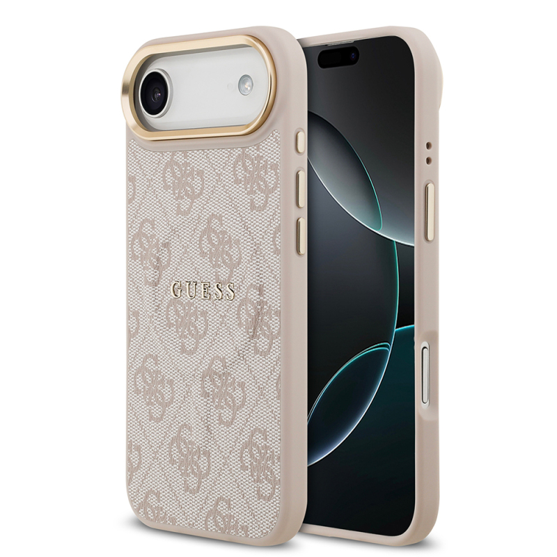 Apple iPhone 17 Air Kılıf Guess Orjinal Lisanslı M-safe Şarj Özellikli Gold Metal Kamera Çerçeveli PU Deri 4G Desenli Yazı Logolu Kapak - 4