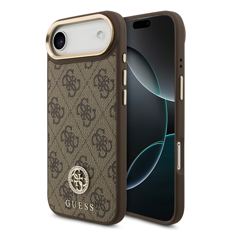 Apple iPhone 17 Air Kılıf Guess Orjinal Lisanslı M-safe Şarj Özellikli Gold Metal Kamera Çerçeveli Taşlı 4G Logolu Kapak - 1