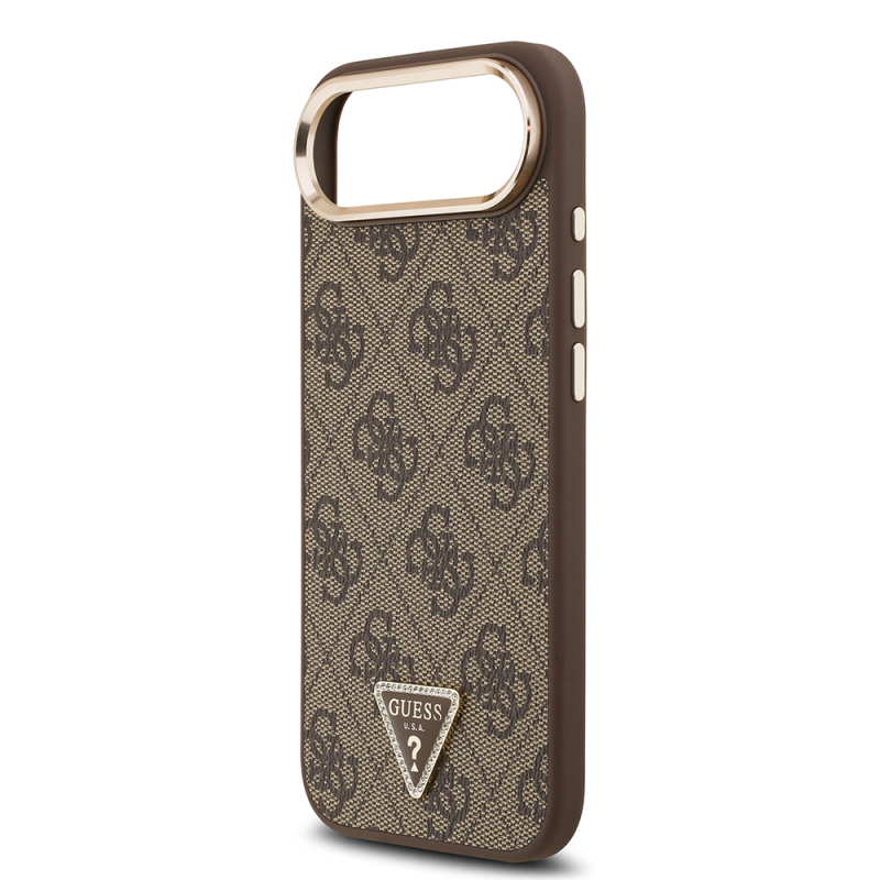 Apple iPhone 17 Air Kılıf Guess Orjinal Lisanslı M-safe Şarj Özellikli Gold Metal Kamera Çerçeveli Taşlı Üçgen Logo 4G Desenli Kapak - 15