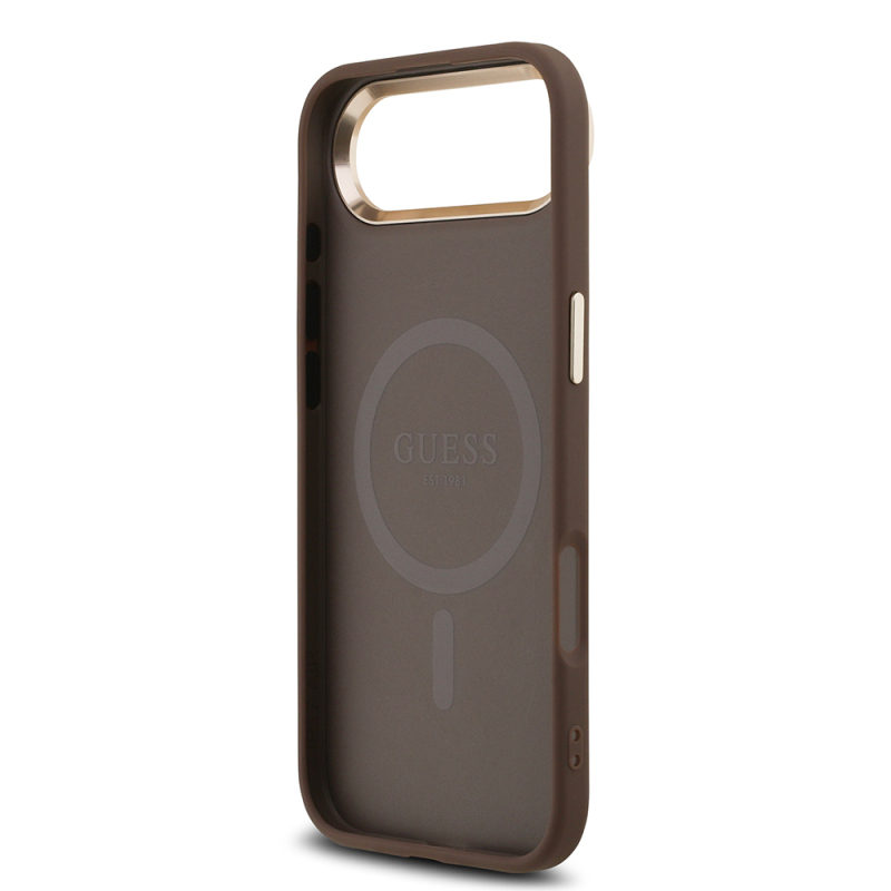 Apple iPhone 17 Air Kılıf Guess Orjinal Lisanslı M-safe Şarj Özellikli Gold Metal Kamera Çerçeveli Taşlı Üçgen Logo 4G Desenli Kapak - 16