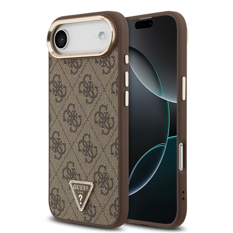 Apple iPhone 17 Air Kılıf Guess Orjinal Lisanslı M-safe Şarj Özellikli Gold Metal Kamera Çerçeveli Taşlı Üçgen Logo 4G Desenli Kapak - 3