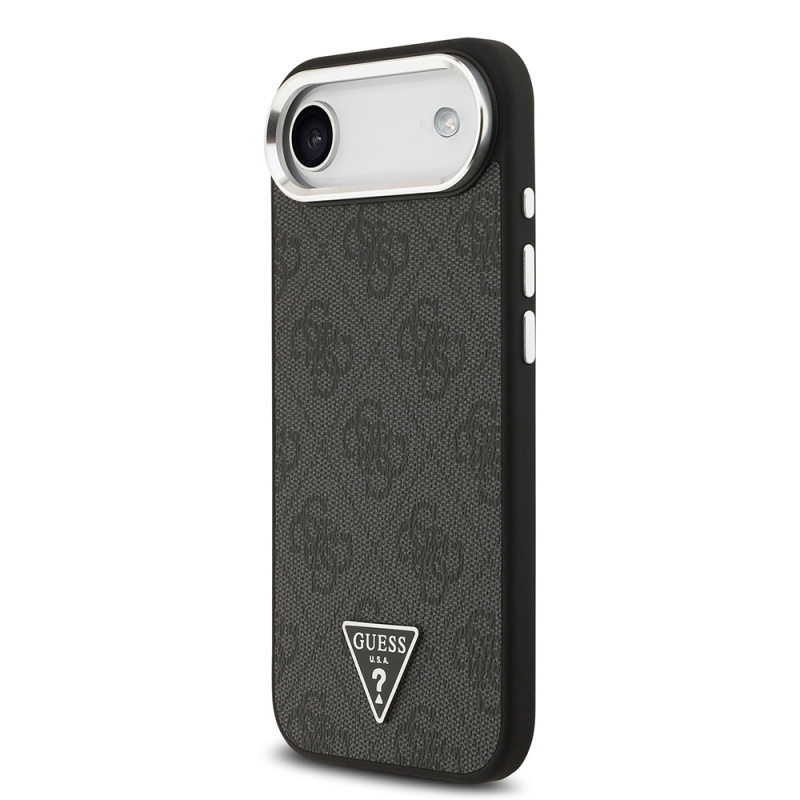 Apple iPhone 17 Air Kılıf Guess Orjinal Lisanslı M-safe Şarj Özellikli Gümüş Metal Kamera Çerçeveli Üçgen Logo 4G Desenli Kapak - 4