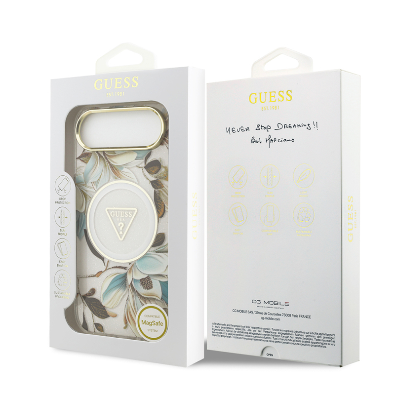 Apple iPhone 17 Air Kılıf Guess Orjinal Lisanslı M-safe Şarj Özellikli Simli Çiçek Desenli Metal Kamera Çerçeveli Üçgen Logolu Kapak - 30