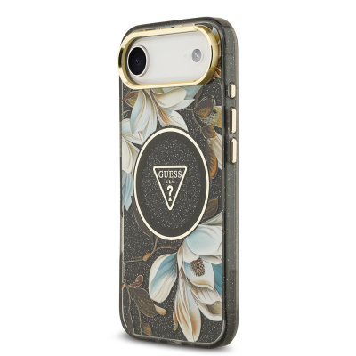 Apple iPhone 17 Air Kılıf Guess Orjinal Lisanslı M-safe Şarj Özellikli Simli Çiçek Desenli Metal Kamera Çerçeveli Üçgen Logolu Kapak - 24
