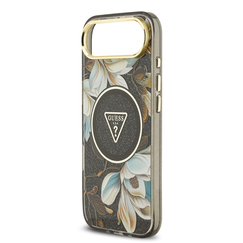 Apple iPhone 17 Air Kılıf Guess Orjinal Lisanslı M-safe Şarj Özellikli Simli Çiçek Desenli Metal Kamera Çerçeveli Üçgen Logolu Kapak - 28