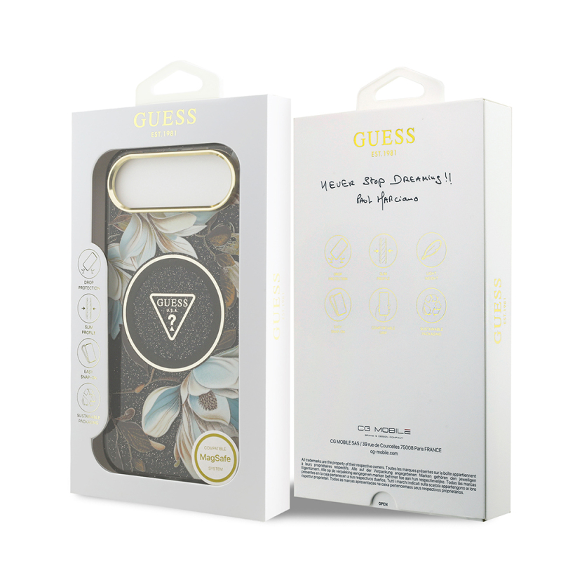 Apple iPhone 17 Air Kılıf Guess Orjinal Lisanslı M-safe Şarj Özellikli Simli Çiçek Desenli Metal Kamera Çerçeveli Üçgen Logolu Kapak - 33