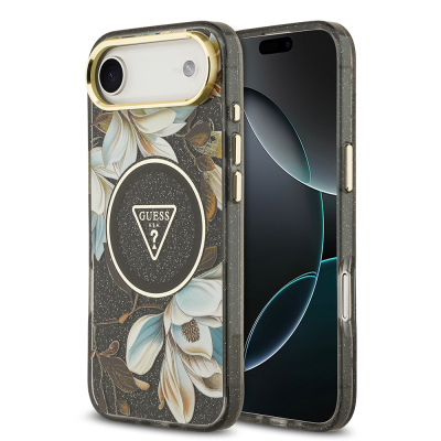 Apple iPhone 17 Air Kılıf Guess Orjinal Lisanslı M-safe Şarj Özellikli Simli Çiçek Desenli Metal Kamera Çerçeveli Üçgen Logolu Kapak - 4
